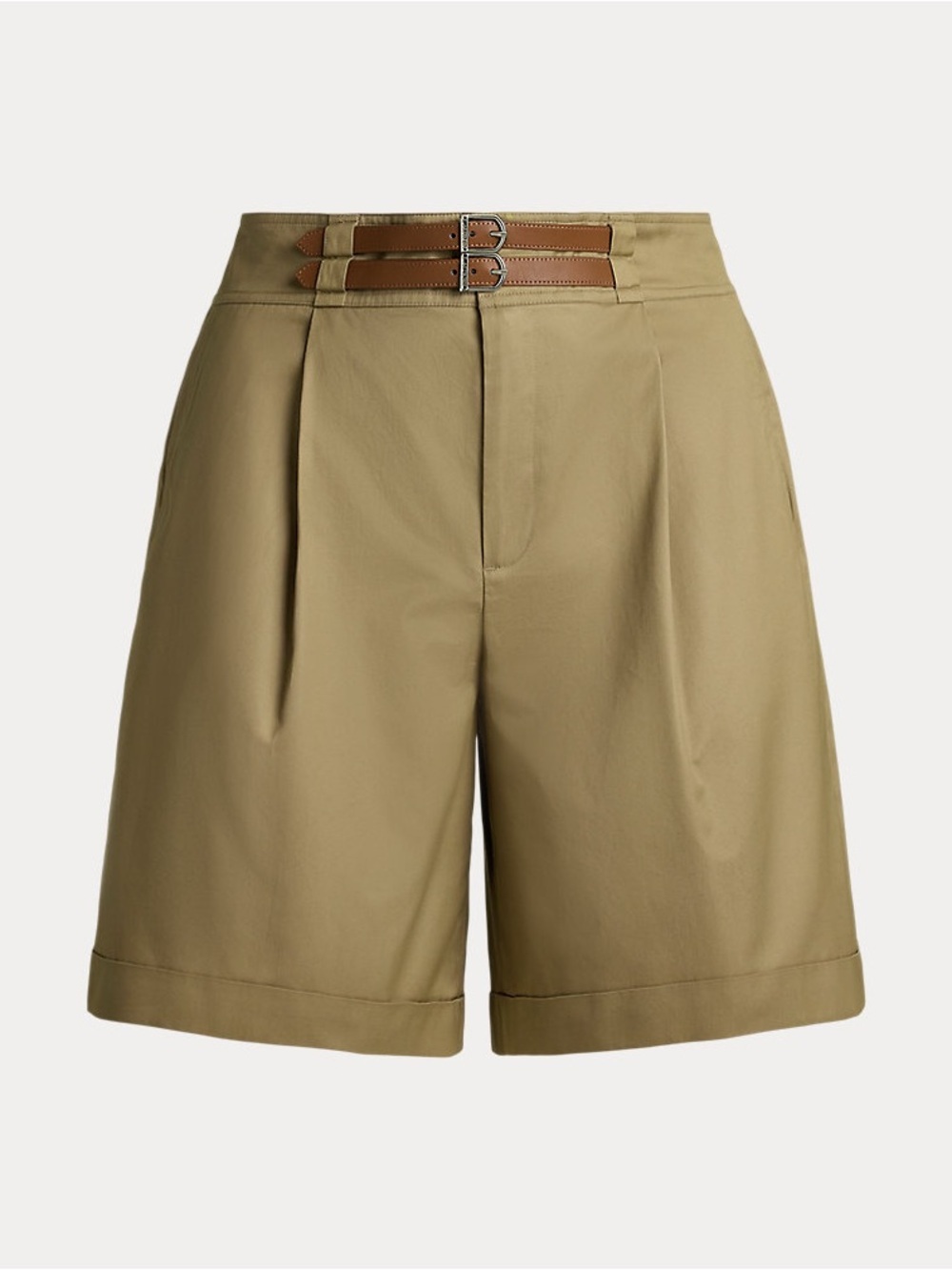 NWT Lauren Ralph Lauren Buckle-Trim Pleated Cotton Twill Short Tan Plus Sz 20W